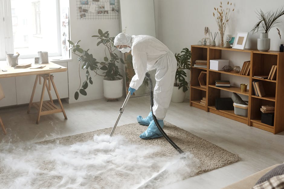 A professional cleaner dressed in white protective coveralls, gloves, and a face mask uses a vacuum or steam cleaning machine to deep clean a plush, light-colored carpet in a well-lit living room. The