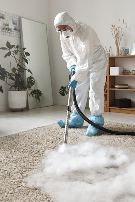 A professional wearing a white protective full-body suit, face mask, and blue gloves performs deep cleaning on a beige carpet using a steam cleaning machine in a living room. The room features light-colored walls, a tall mirror, potted plants, and a wooden shelf with decorative objects, with bright natural lighting. The steam cleaner emits white vapor onto the carpet, indicating a sanitisation process. The setting demonstrates thorough surface cleaning and hygiene maintenance, consistent with services offered by [COMPANY_NAME] as part of their domestic cleaning and carpet cleaning solutions at Richmond Road, Kingston upon Thames.