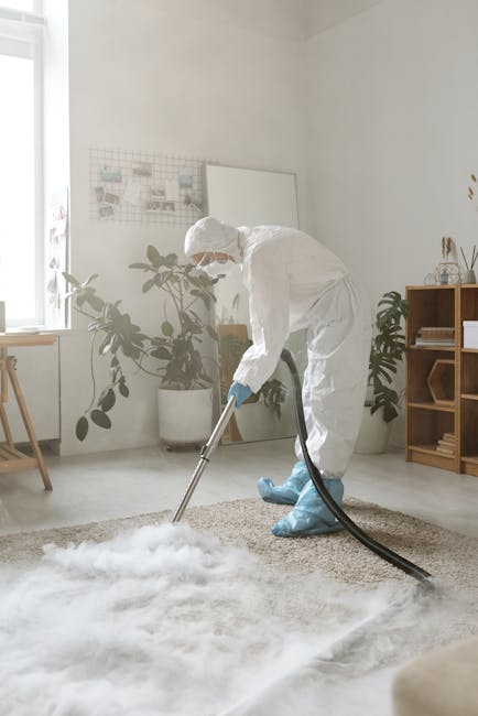 A person dressed in full protective cleaning gear, including a white suit, gloves, face mask, and blue shoe covers, is performing deep cleaning or sanitisation of a beige carpet in a bright, modern living room. The room features white walls, a large window allowing natural light, and potted plants near the window and along a wooden shelving unit. Cleaning tools include a vacuum hose connected to a portable extractor machine. The scene highlights thorough surface cleaning and hygiene practices, consistent with domestic cleaning services provided by [COMPANY_NAME], as described on the 'Same day cleaning Kingston upon Thames availability and cost' page at https://carpetcleaningkingstonuponthames.org.uk.